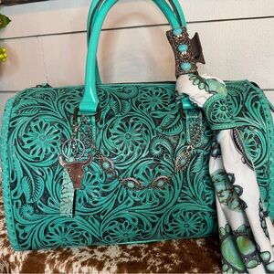 Turquoise Embossed Floral Satchel Bag - Women Bags Large speedy with accessories